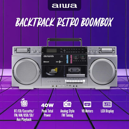 aiwa Retro Boombox CD Player with Cassette Recording, Bluetooth 5.0, FM/AM Radio, USB/SD/AUX Inputs AI7012