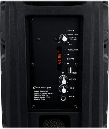 Technical Pro STAGE28 Dual 8" Rechargeable LED Bluetooth Speaker + Stand + Mic