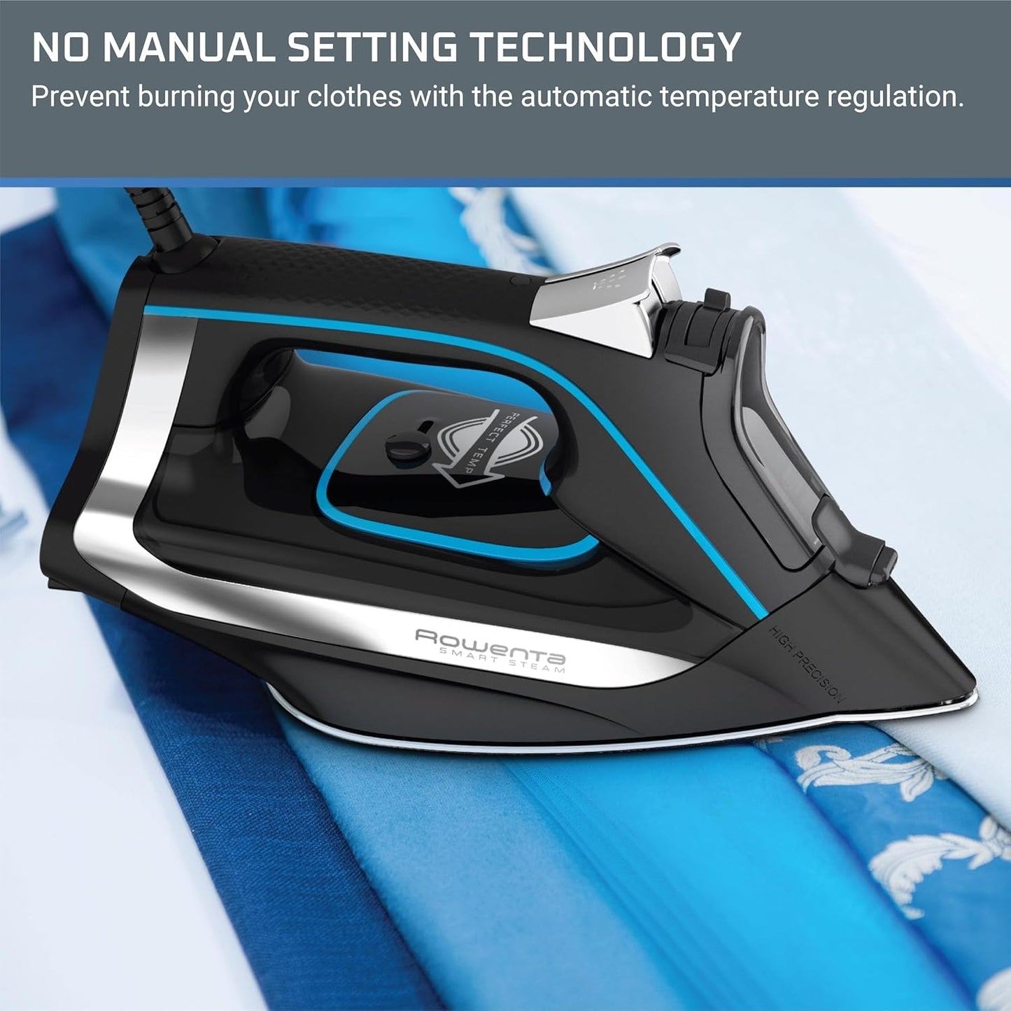 Rowenta Iron Smart Temp Stainless Steel Soleplate Steam Iron 380 Microsteam Holes, 1725 Watts Ironing DW3261, Black