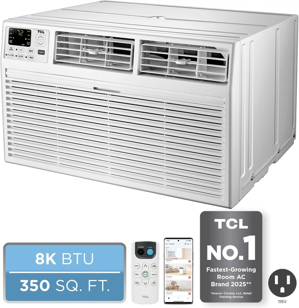 TCL 8,000 BTU Smart Through-the-Wall Air Conditioner, 115V, Wi-Fi 350 Sq.Ft. H8T9E1-A1
