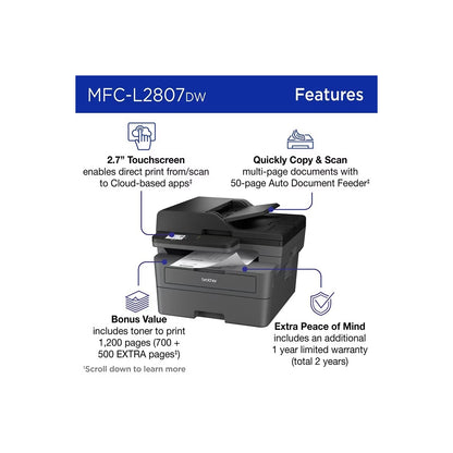 Brother MFC-L2807DW Wireless Compact Monochrome All-in-One Laser Printer with Copy, Scan and Fax