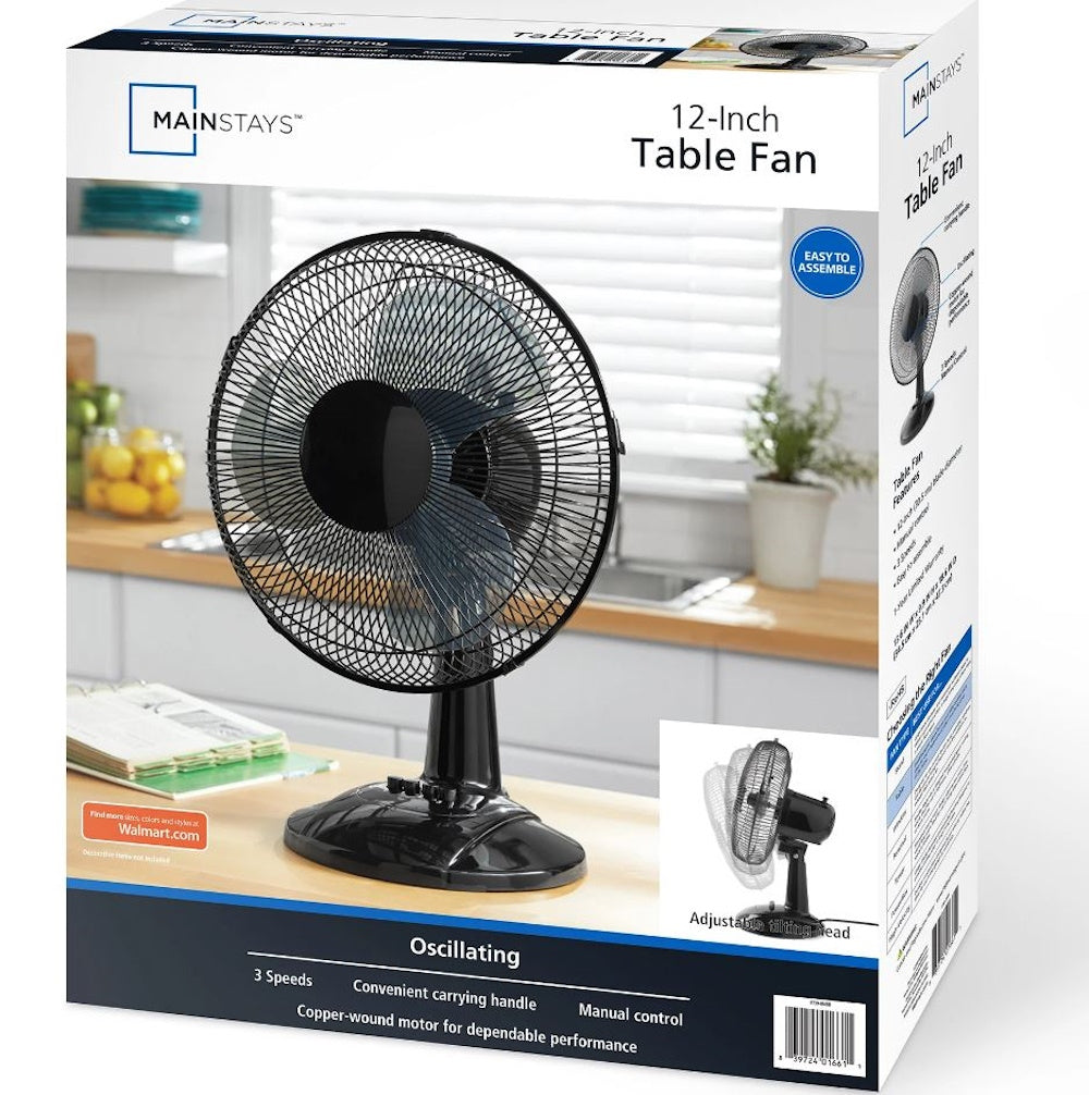 Mainstays 12" 3-Speed Oscillating Table Fan, FT30-8MBB, Black