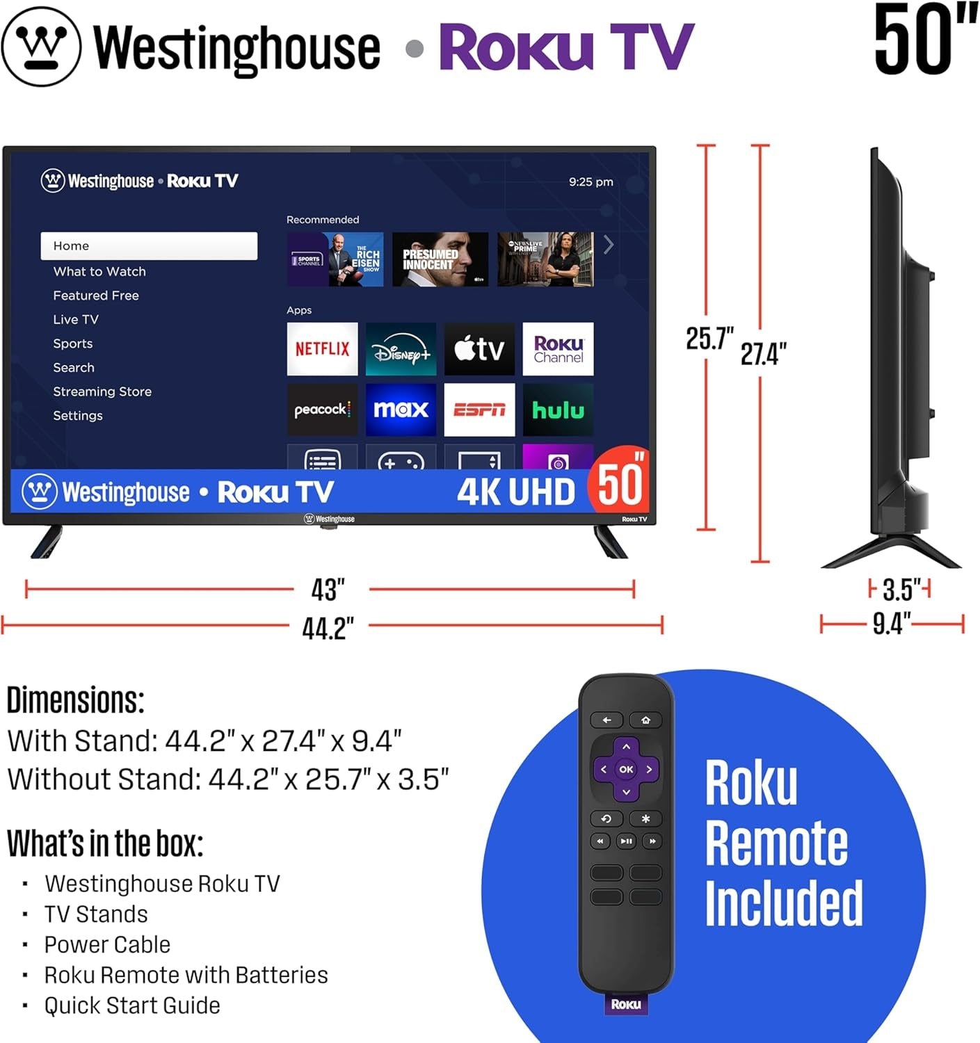 Westinghouse 50" Smart ROKU TV, 4K UHD Flat Screen, Wi-Fi, Bluetooth WR50UE4520