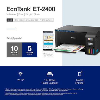 Epson - EcoTank ET-2400 Wireless Color All-in-One Cartridge-Free Supertank Printer with Scan and Copy - Black C11CJ67201