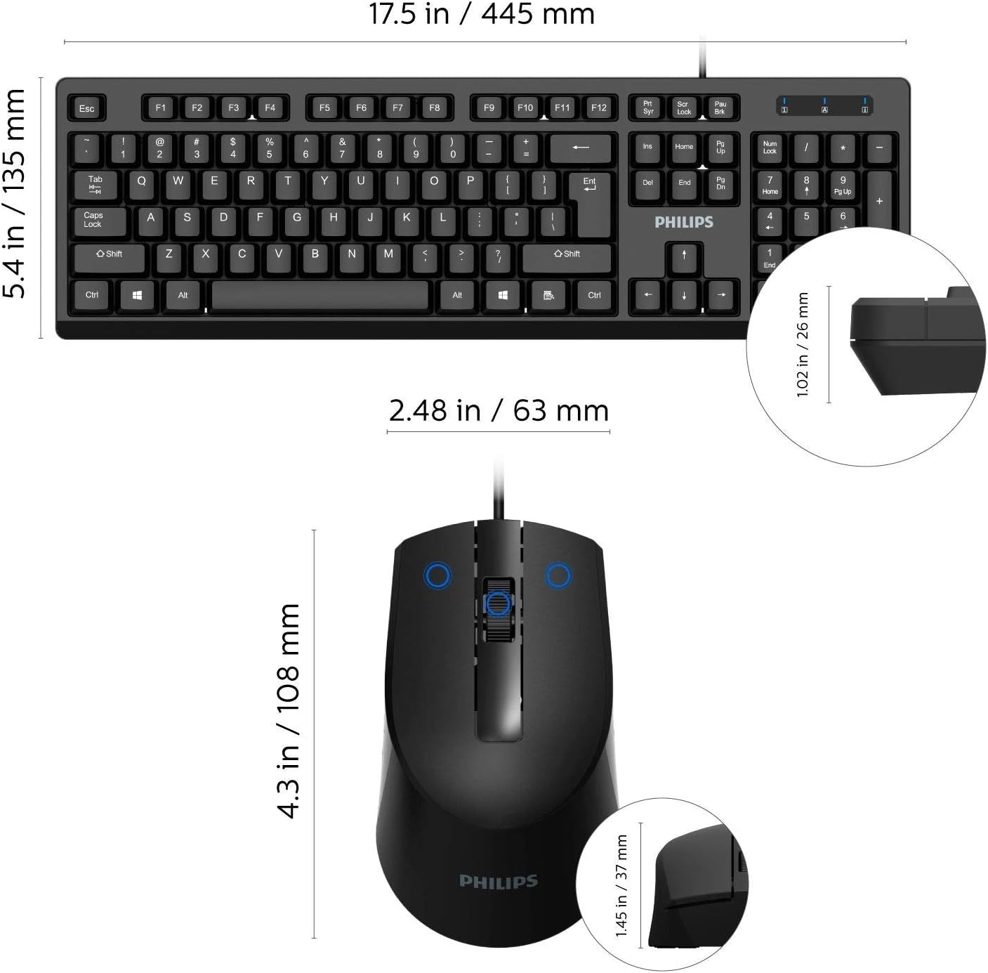 Philips SPT6234 USB Wired Keyboard & Mouse Combo for PC Laptop Windows & MacOS