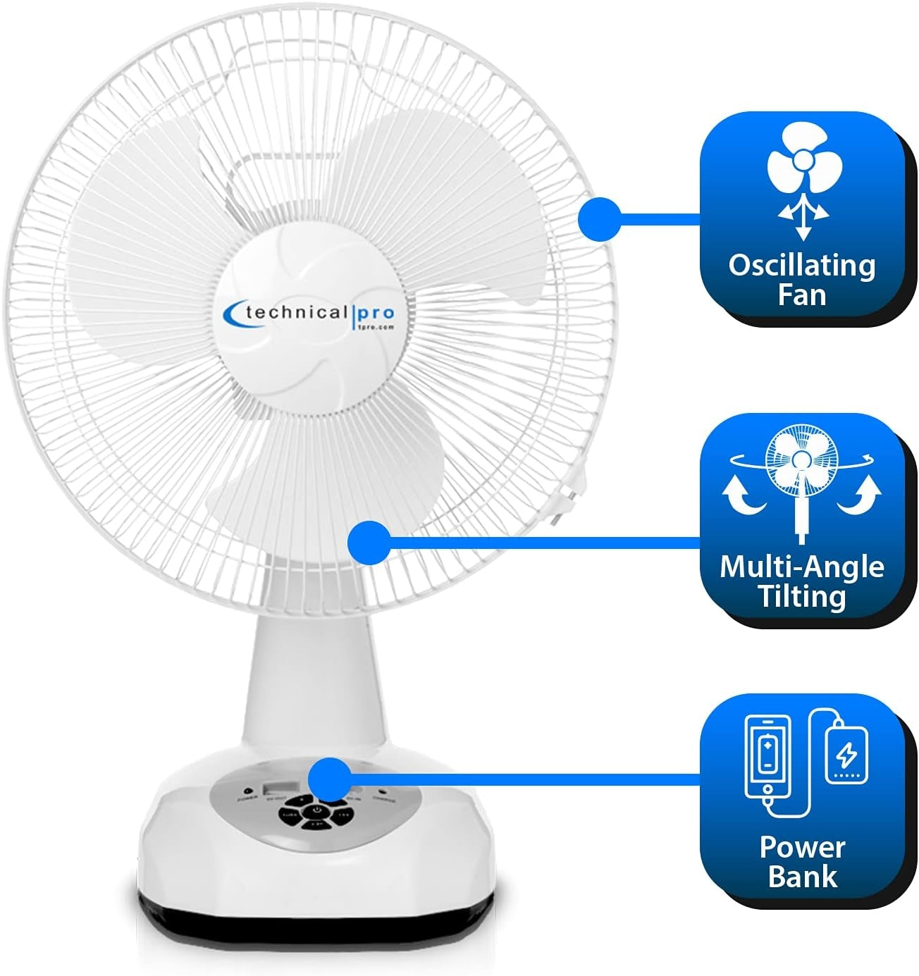 Technical Pro Portable 12" Rechargeable Oscillating Tabletop Fan with 9 Speeds Controls, LED Night light and Powerbank