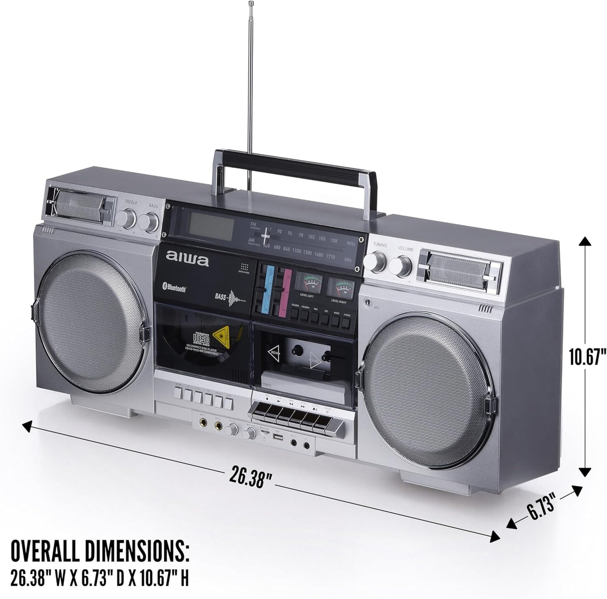 aiwa Retro Boombox CD Player with Cassette Recording, Bluetooth 5.0, FM/AM Radio, USB/SD/AUX Inputs AI7012
