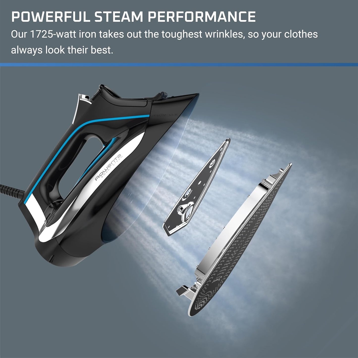 Rowenta Iron Smart Temp Stainless Steel Soleplate Steam Iron 380 Microsteam Holes, 1725 Watts Ironing DW3261, Black