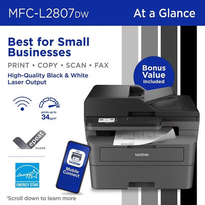 Brother MFC-L2807DW Wireless Compact Monochrome All-in-One Laser Printer with Copy, Scan and Fax