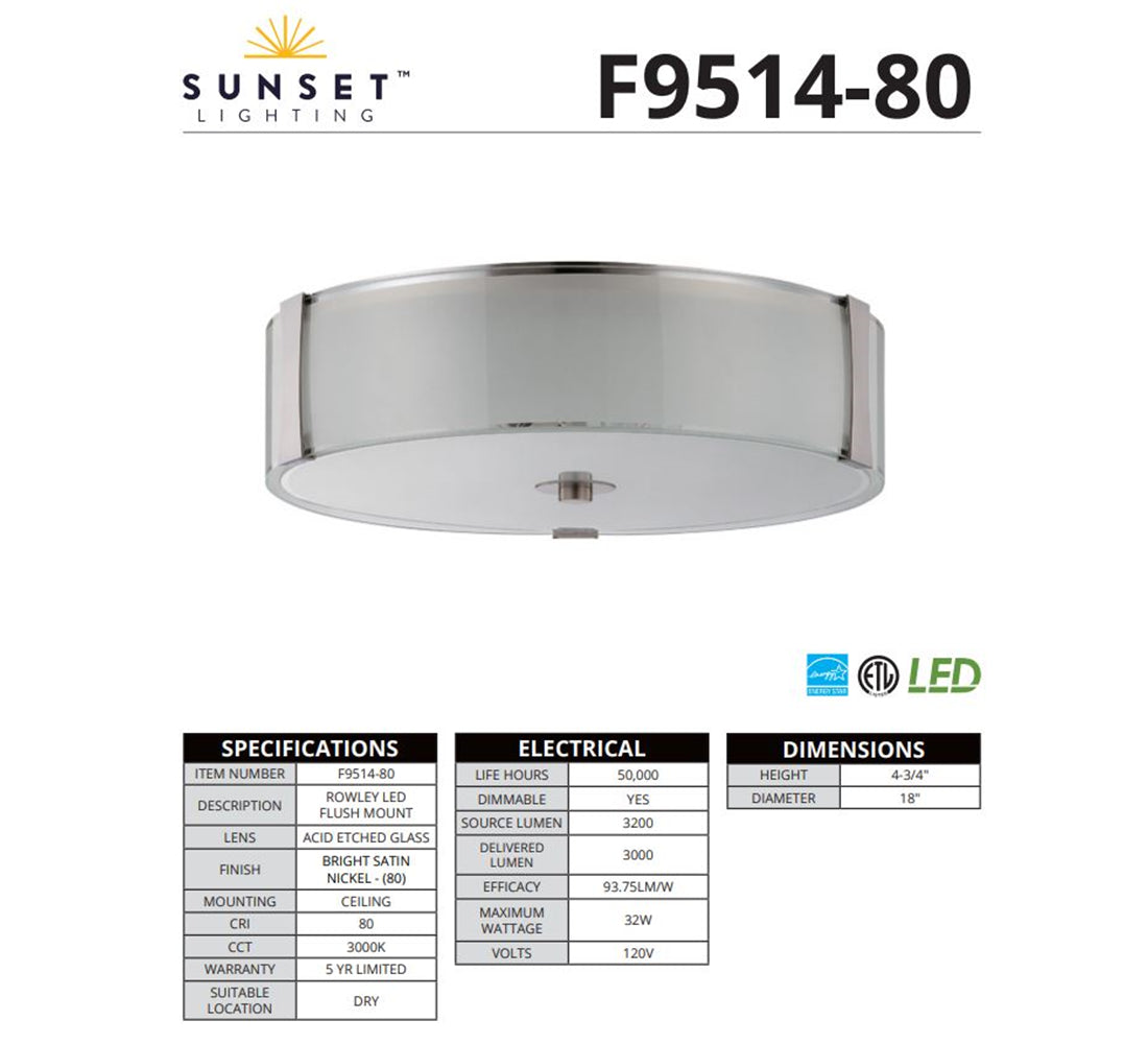 Luminance F9514-80 Light Bulb 18" LED Rowley Flush Mount