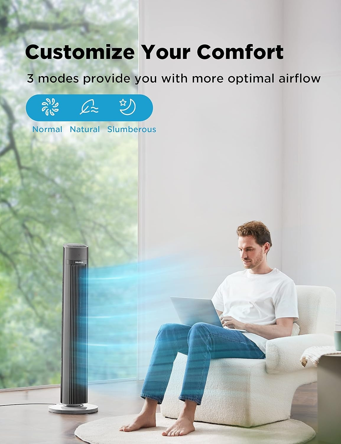 PELONIS 40'' Oscillating Tower Fan, 3 Speed Settings, 3 Modes, 15-Hour Timer, LED Display Black PFT40A4AGB