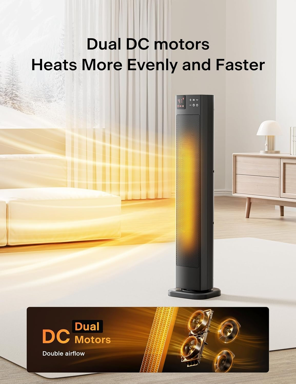 PELONIS 30” 1500W Ceramic Tower Space Heater with Adjustable Thermostat for Large Room PSHC30TD4BB