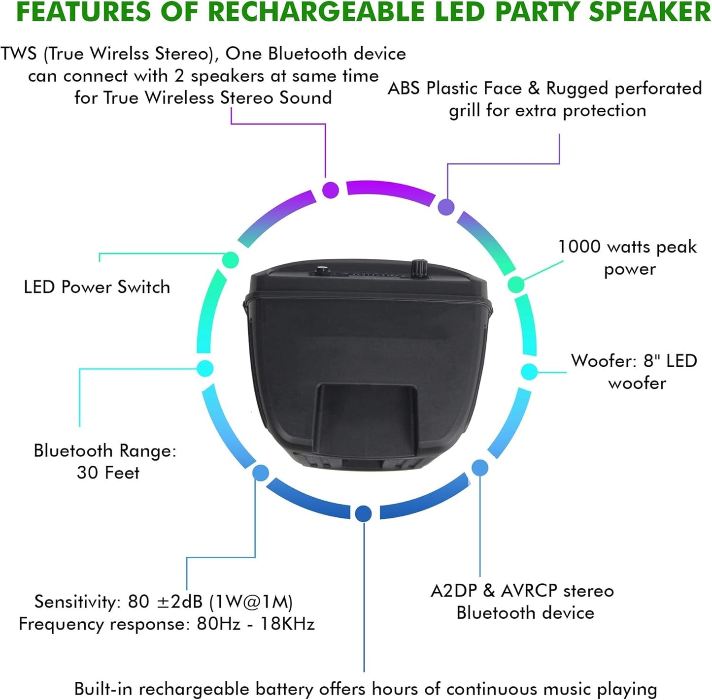 Technical Pro BOOM8 8" Portable 800 W Bluetooth Speaker w/Woofer & Tweeter