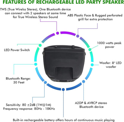 Technical Pro BOOM8 8" Portable 800 W Bluetooth Speaker w/Woofer & Tweeter