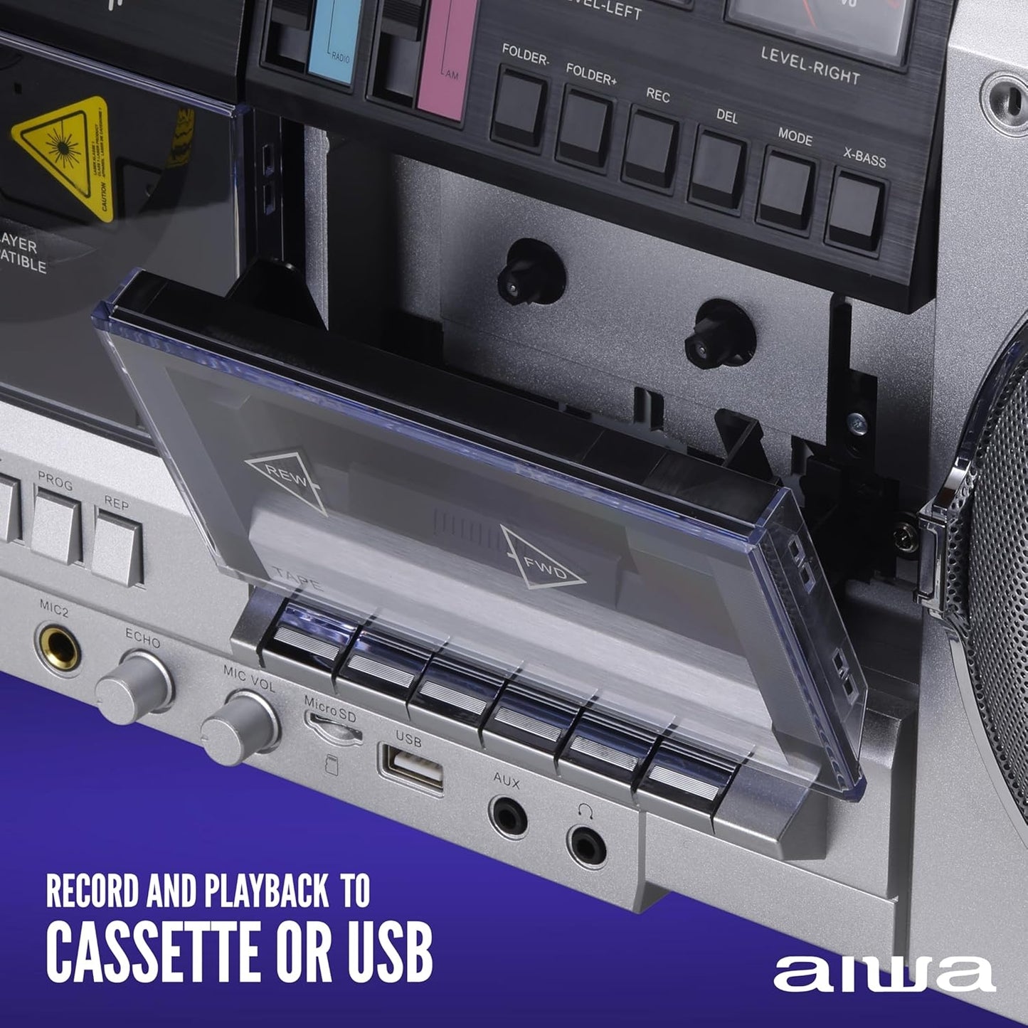 aiwa Retro Boombox CD Player with Cassette Recording, Bluetooth 5.0, FM/AM Radio, USB/SD/AUX Inputs AI7012