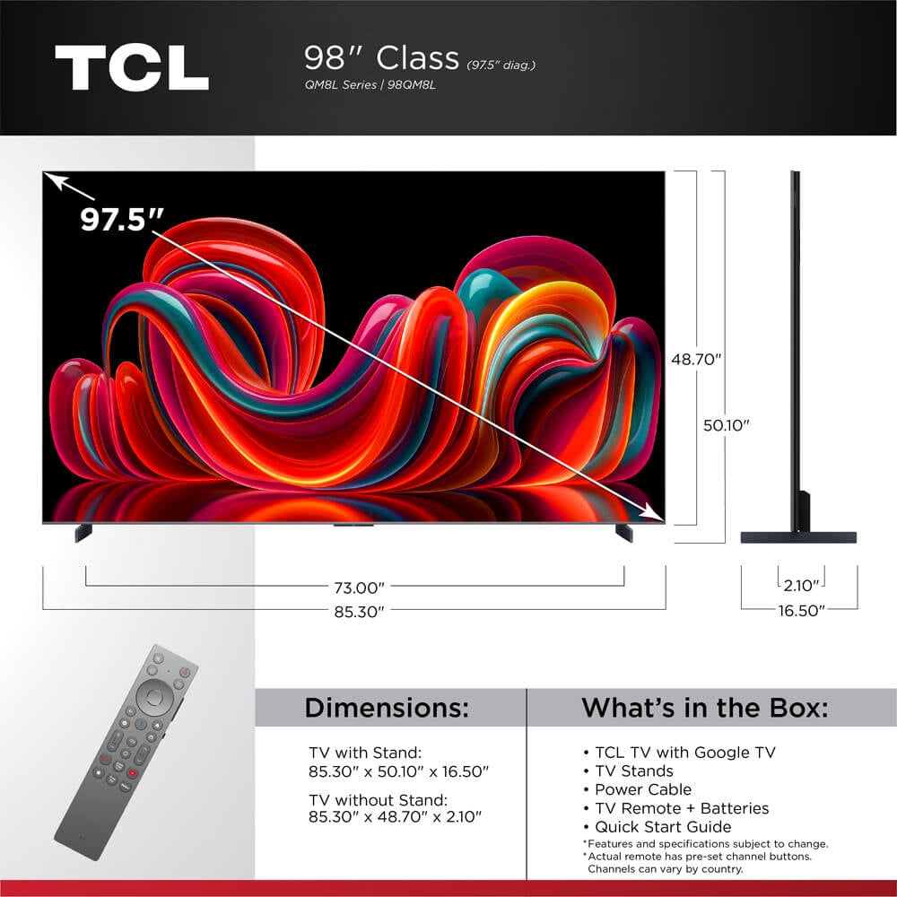 TCL 98 inch Class QM8L Series 4K SQD-Mini LED Smart Google TV 98QM8L