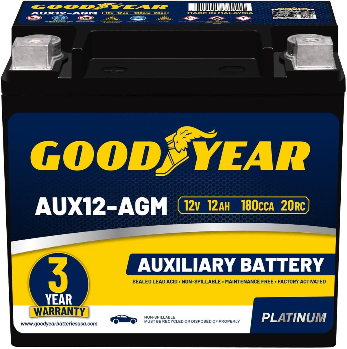 Goodyear AUX12-AGM BCI Group Size 401 12V 12 AH, 22RC, 200 CCA Platinum series Rechargeable AGM Maintenance Free Auxiliary Battery