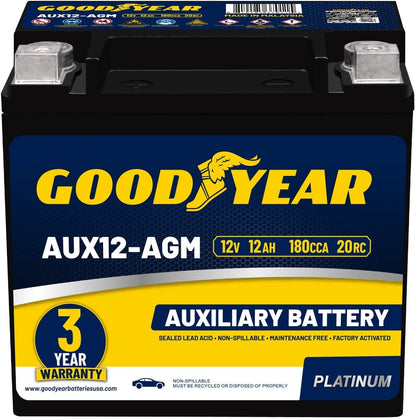 Goodyear AUX12-AGM BCI Group Size 401 12V 12 AH, 22RC, 200 CCA Platinum series Rechargeable AGM Maintenance Free Auxiliary Battery