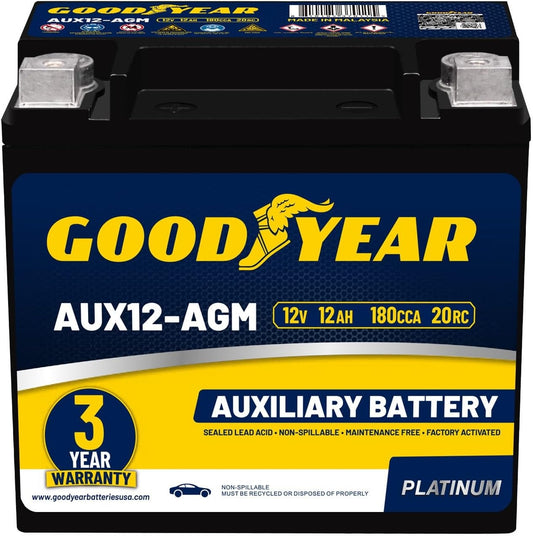 Goodyear AUX12-AGM BCI Group Size 401 12V 12 AH, 22RC, 200 CCA Platinum series Rechargeable AGM Maintenance Free Auxiliary Battery