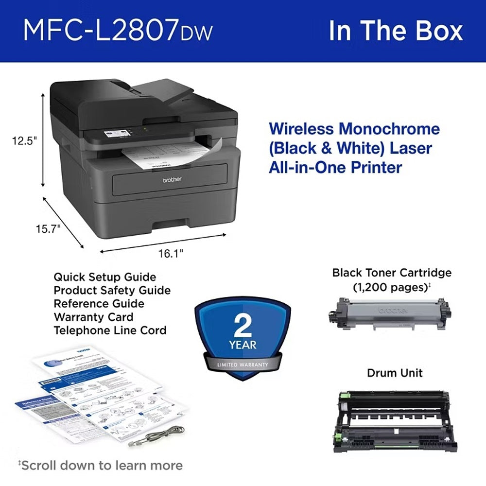Brother MFC-L2807DW Wireless Compact Monochrome All-in-One Laser Printer with Copy, Scan and Fax