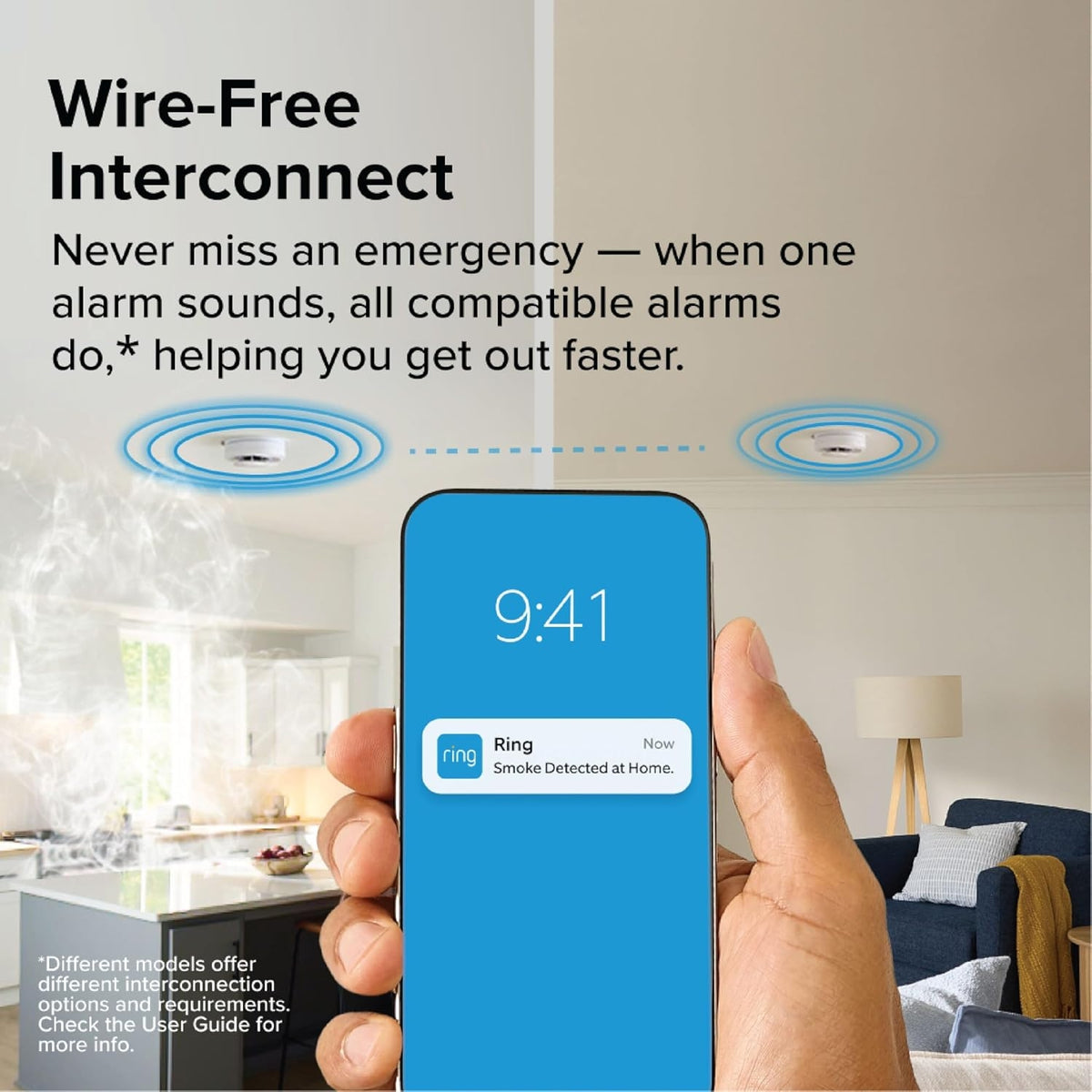 Kidde - Battery Powered Ring App Enabled Smart Smoke Detector, Voice Alerts, Wire-Free Interconnect Alarm RGSDR-RW