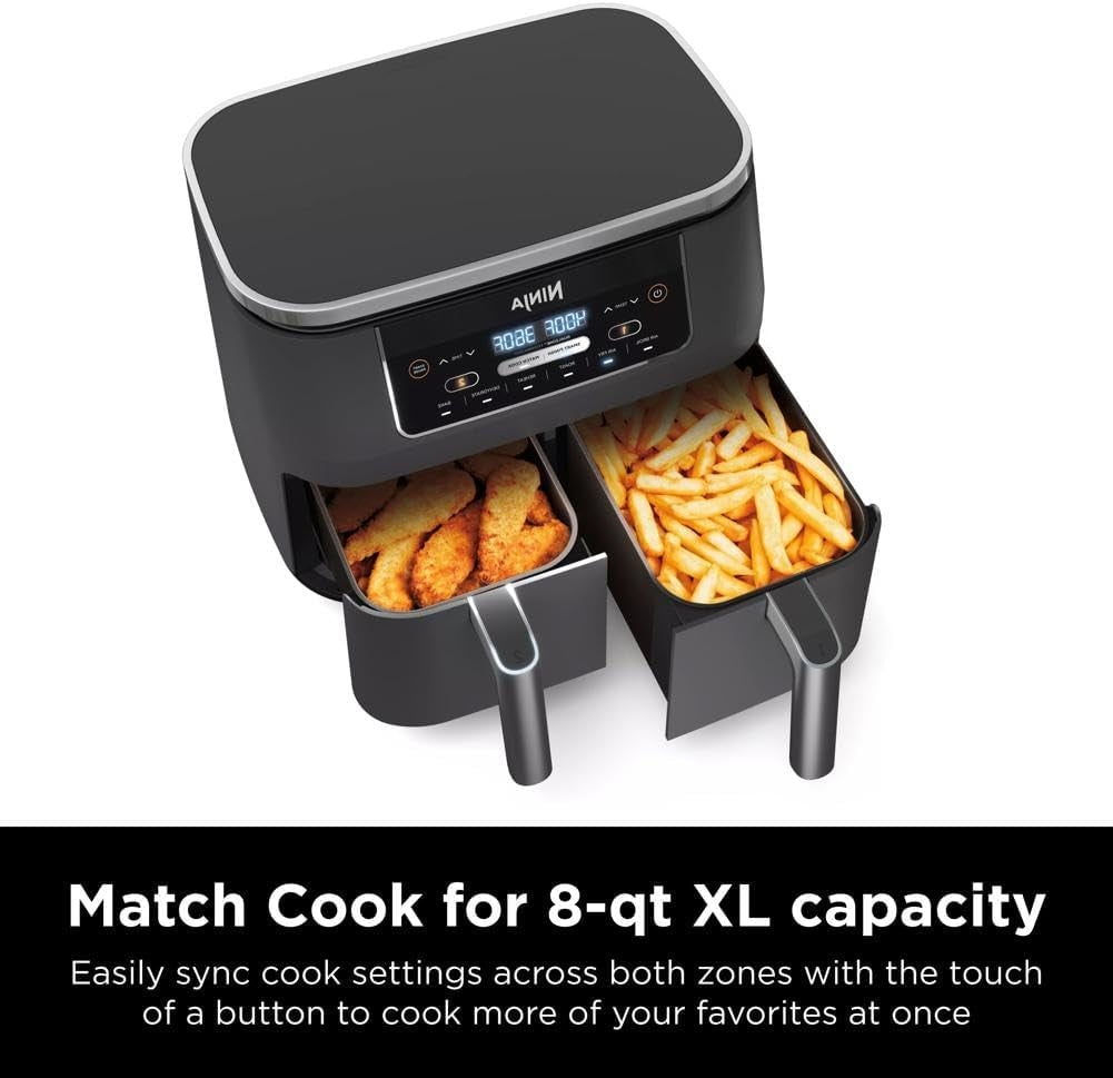 Ninja DZ201 Foodi 8 Quart 6-in-1 DualZone 2-Basket Air Fryer w/ 2 Independent Frying Baskets, Match Cook & Smart Finish to Roast, Broil, Dehydrate & More for Quick, Easy Meals, Grey
