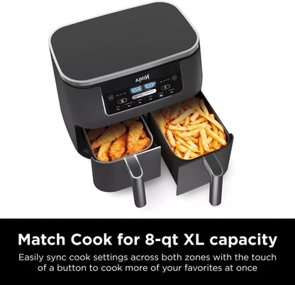 Ninja DZ201 Foodi 8 Quart 6-in-1 DualZone 2-Basket Air Fryer w/ 2 Independent Frying Baskets, Match Cook & Smart Finish to Roast, Broil, Dehydrate & More for Quick, Easy Meals, Grey