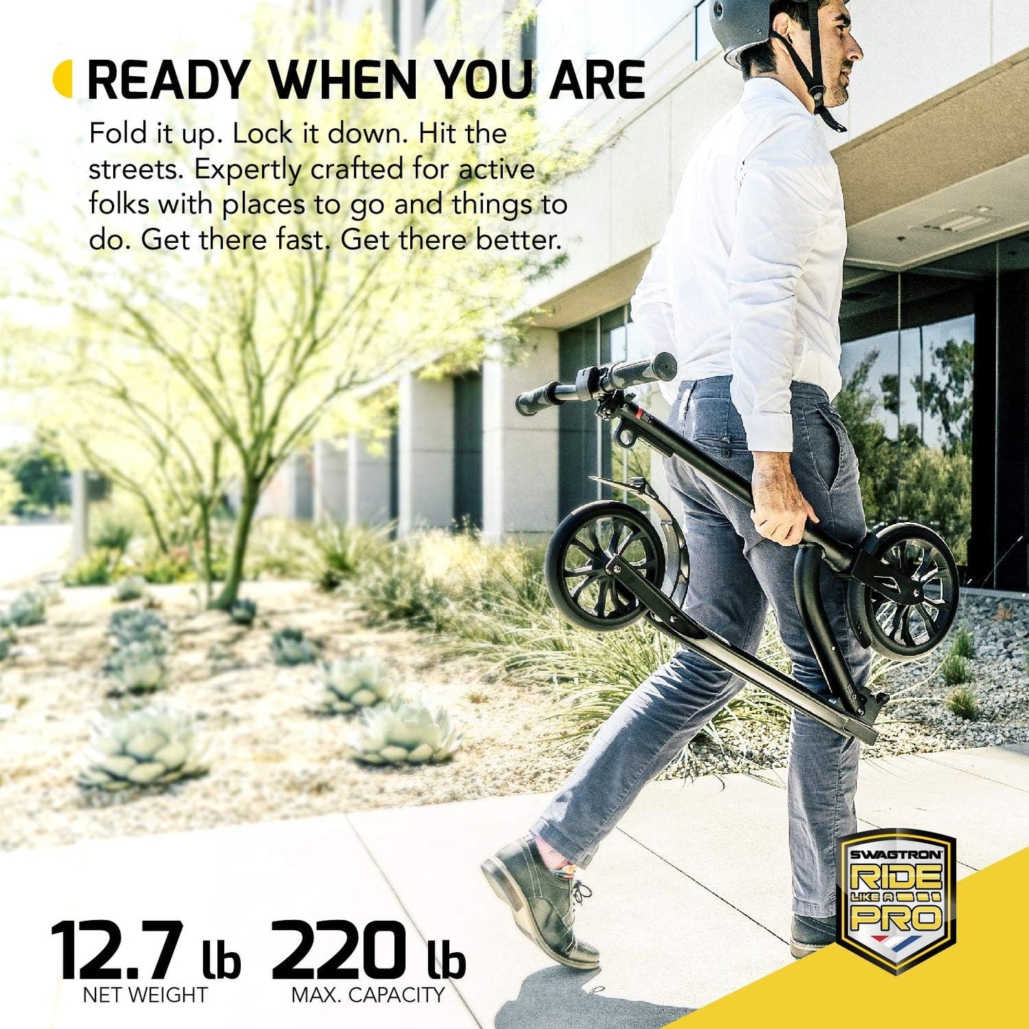 Swagtron K9 Commuter Kick Scooter for Adults, Teens | Foldable, Lightweight | Height-Adjustable for Riders up to 6'5", 220LB Max Load 99191-2