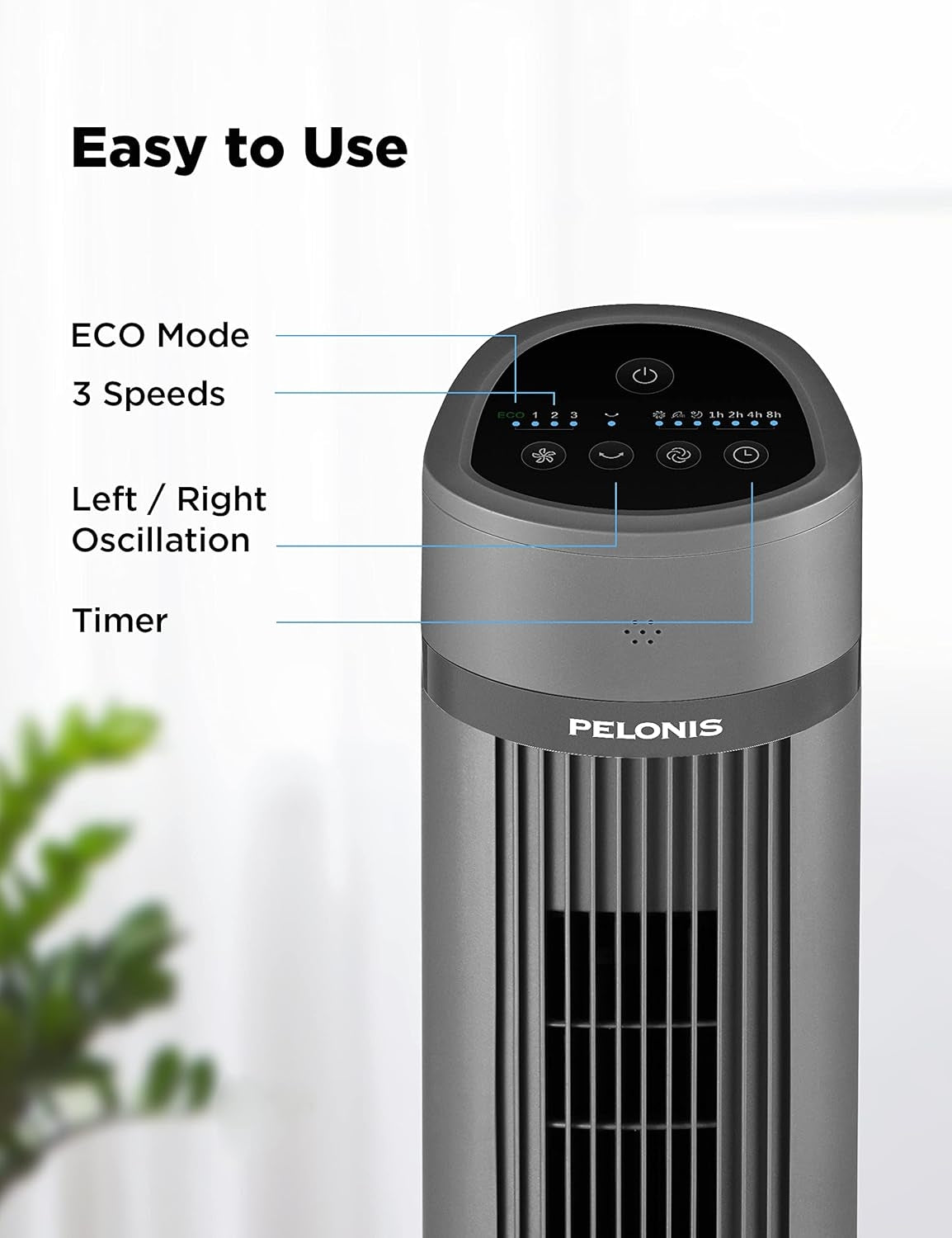 PELONIS 40'' Oscillating Tower Fan, 3 Speed Settings, 3 Modes, 15-Hour Timer, LED Display Black PFT40A4AGB