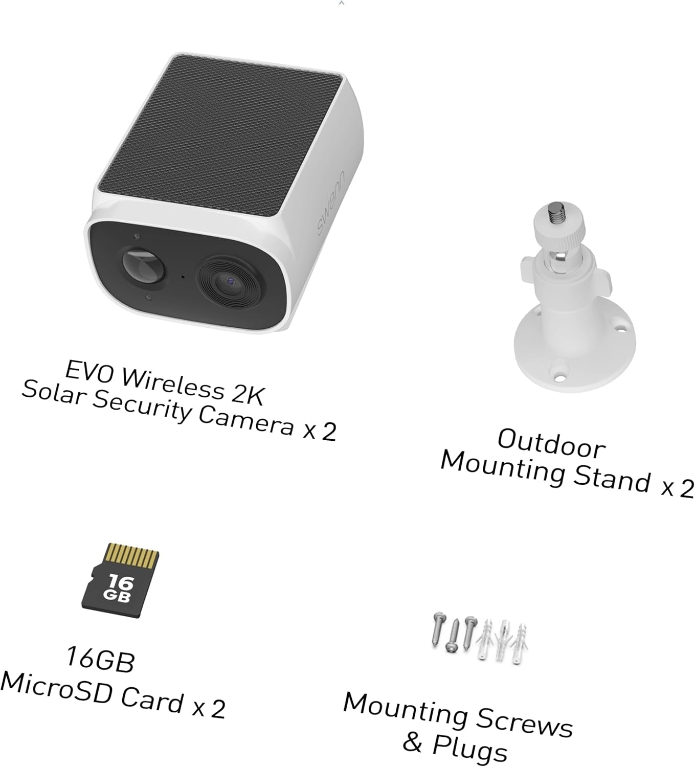 Swann Evo Wireless Outdoor 2K Cameras with Integrated Solar Panel & 2 x 16GB MicroSD Cards, 2 pk. SESOL2KBCPK2