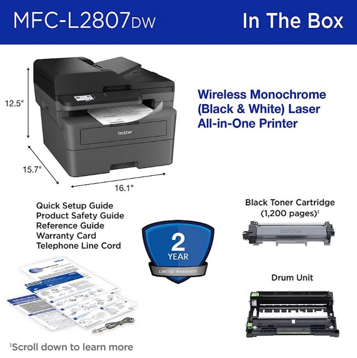 Brother MFC-L2807DW Wireless Compact Monochrome All-in-One Laser Printer with Copy, Scan and Fax, Duplex
