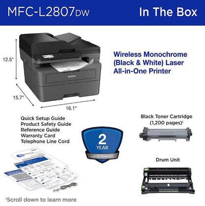 Brother MFC-L2807DW Wireless Compact Monochrome All-in-One Laser Printer with Copy, Scan and Fax, Duplex