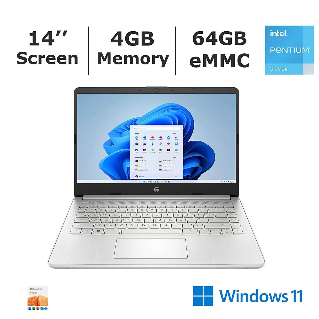 HP 14" HD 1366x768 Pentium Silver N6000 Laptop 4GB 64GB Emmc Win11Smode AJ1U8UA