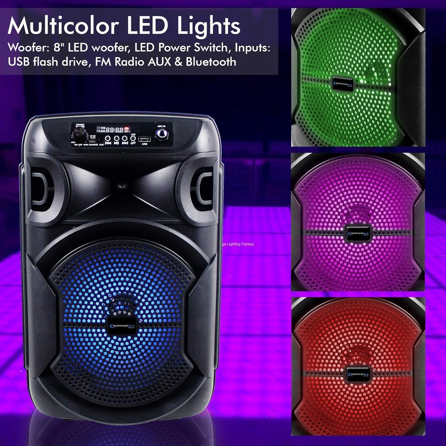 Technical Pro 8" Portable 800 W Bluetooth Speaker w/Woofer & Tweeter BOOM8