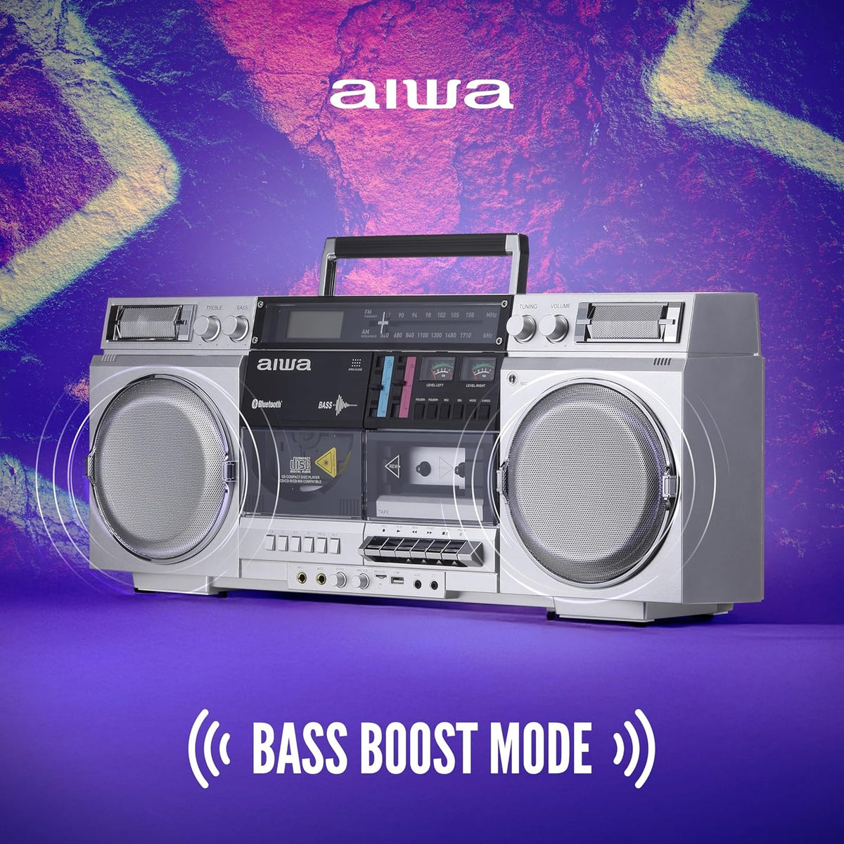 aiwa Retro Boombox CD Player with Cassette Recording, Bluetooth 5.0, FM/AM Radio, USB/SD/AUX Inputs AI7012