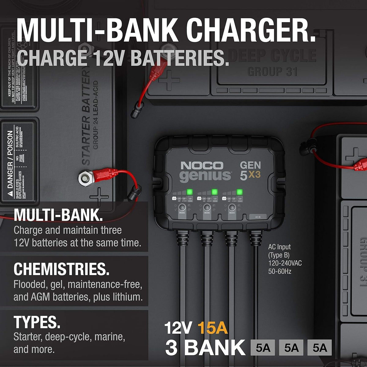 NOCO GEN5X3 12V 15A 3-Bank OnBoard Marine Battery Charger & Maintainer