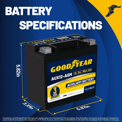 Goodyear AUX12-AGM BCI Group Size 401 12V 12 AH, 22RC, 200 CCA Platinum series Rechargeable AGM Maintenance Free Auxiliary Battery