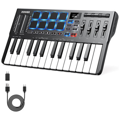Donner DMK25 Pro MIDI Keyboard Controller, 25 Mini Key Portable USB-C MIDI Keyboard with 8 Drum Pads, OLED Display