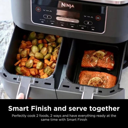 Ninja DZ201 Foodi 8 Quart 6-in-1 DualZone 2-Basket Air Fryer w/ 2 Independent Frying Baskets, Match Cook & Smart Finish to Roast, Broil, Dehydrate & More for Quick, Easy Meals, Grey