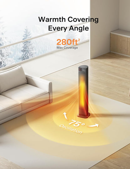 PELONIS 30” 1500W Ceramic Tower Space Heater with Adjustable Thermostat for Large Room PSHC30TD4BB