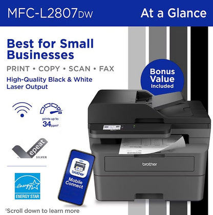 Brother MFC-L2807DW Wireless Compact Monochrome All-in-One Laser Printer with Copy, Scan and Fax, Duplex