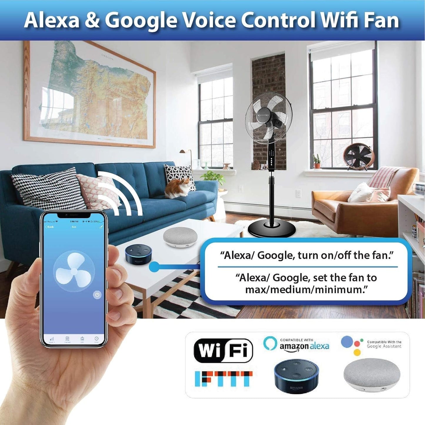 Technical Pro WIFI Enabled 16" Smart Oscillating Pedestal Fan with Voice Control FXA16 Black
