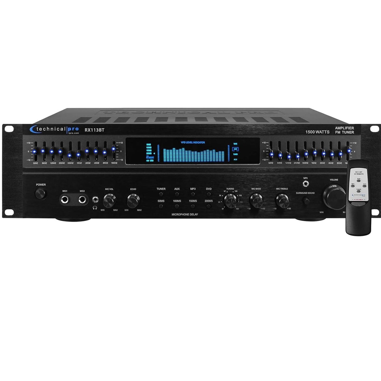 Technical Pro RX113BT 1500w Bluetooth Home Receiver Amplifier Amp w/ 10 Band EQ