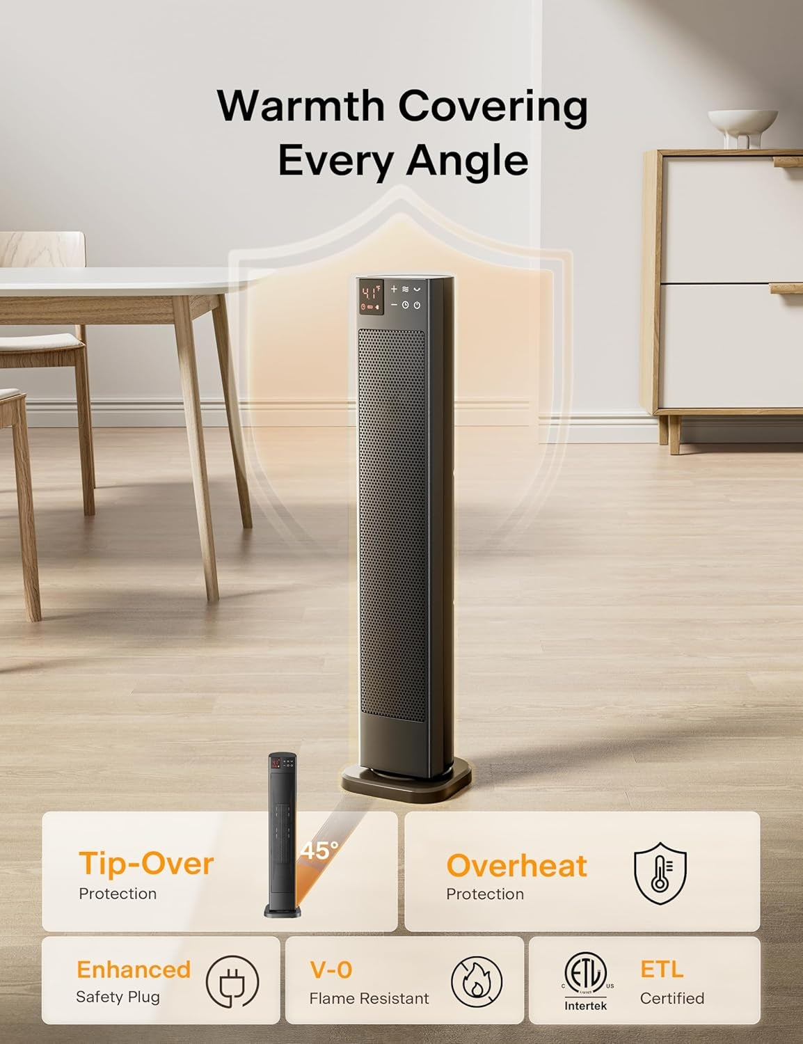 PELONIS 30” 1500W Ceramic Tower Space Heater with Adjustable Thermostat for Large Room PSHC30TD4BB