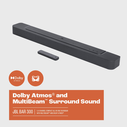 JBL BAR 300 5.0ch Compact All-In-One Soundbar with MultiBeam and Dolby Atmos Black JBLBAR300PROBLKAM