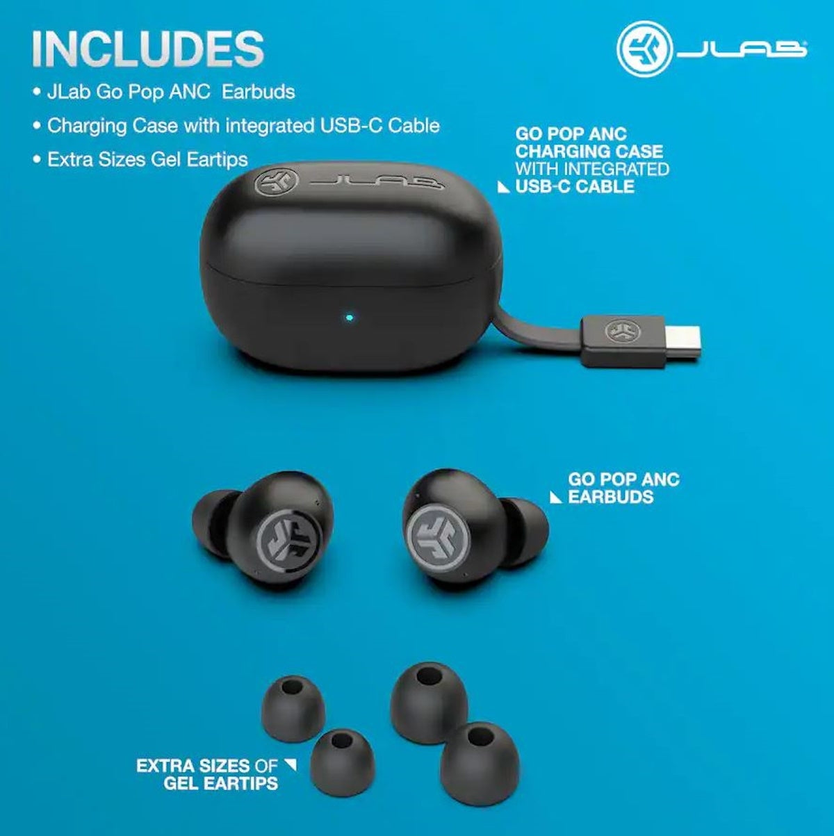 JLab GO POP ANC True Wireless Earbuds Black, Active Noise Canceling, 24+ Hours of Playtime, IP55-Rated - EBGOANCRBLK124