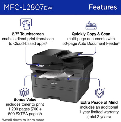 Brother MFC-L2807DW Wireless Compact Monochrome All-in-One Laser Printer with Copy, Scan and Fax, Duplex