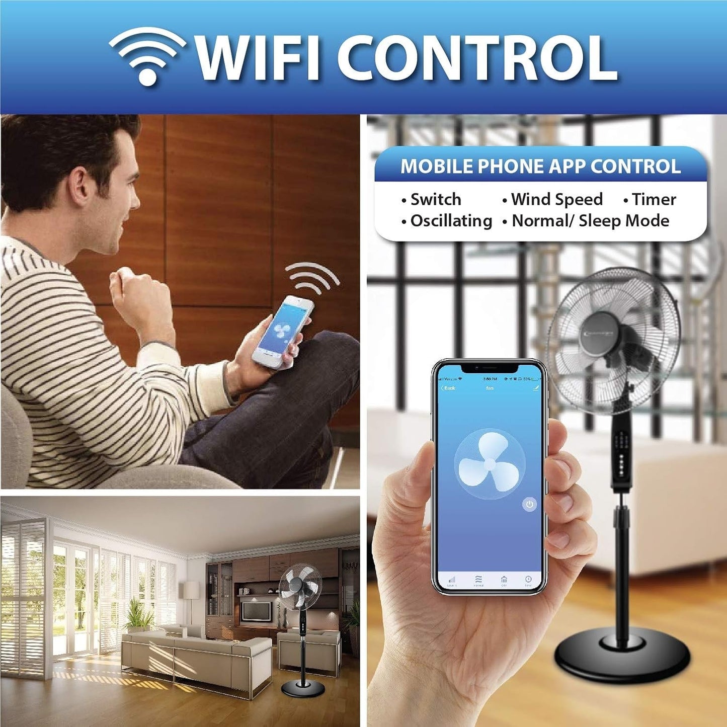 Technical Pro WIFI Enabled 16" Smart Oscillating Pedestal Fan with Voice Control FXA16 Black