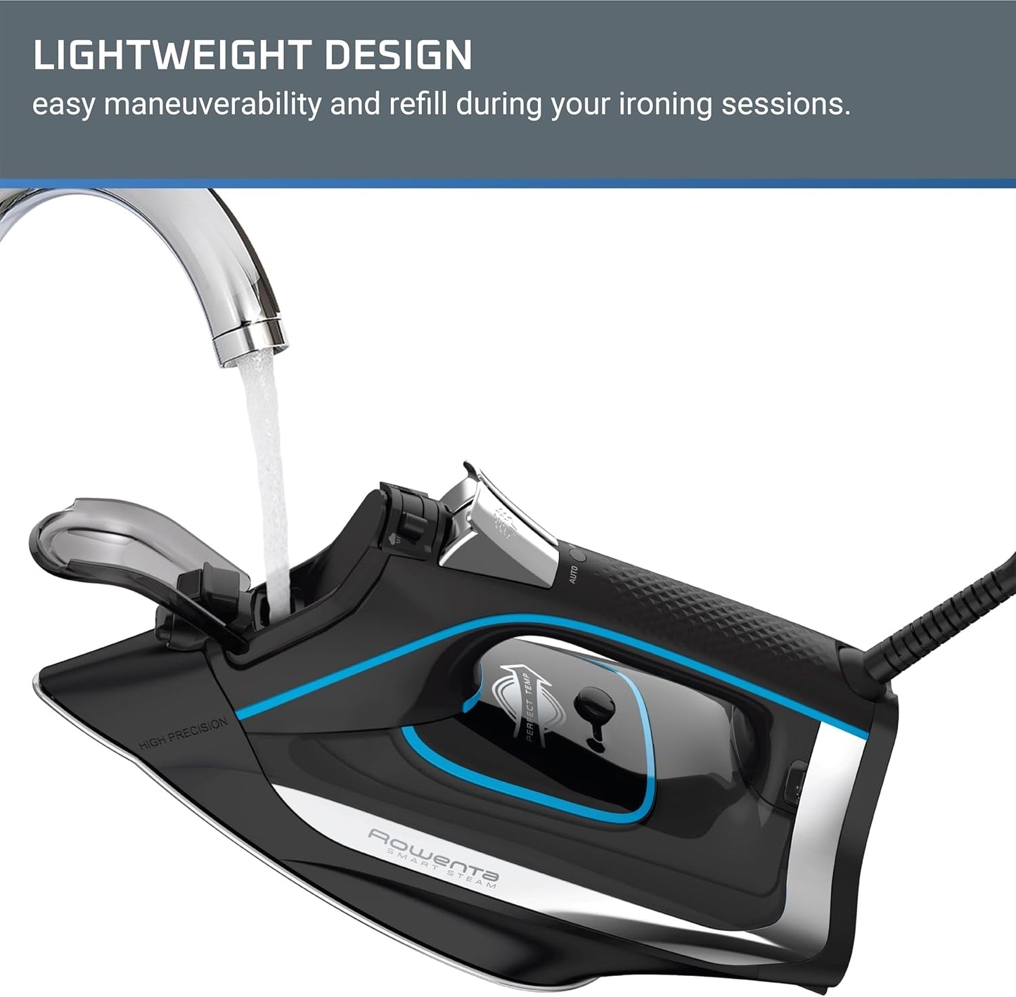 Rowenta Iron Smart Temp Stainless Steel Soleplate Steam Iron 380 Microsteam Holes, 1725 Watts Ironing DW3261, Black