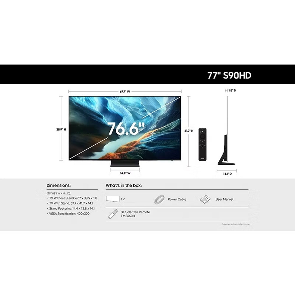 Samsung 77" S90HD OLED 4K 165Hz Vision AI Smart TV QN77S90HDEXZA